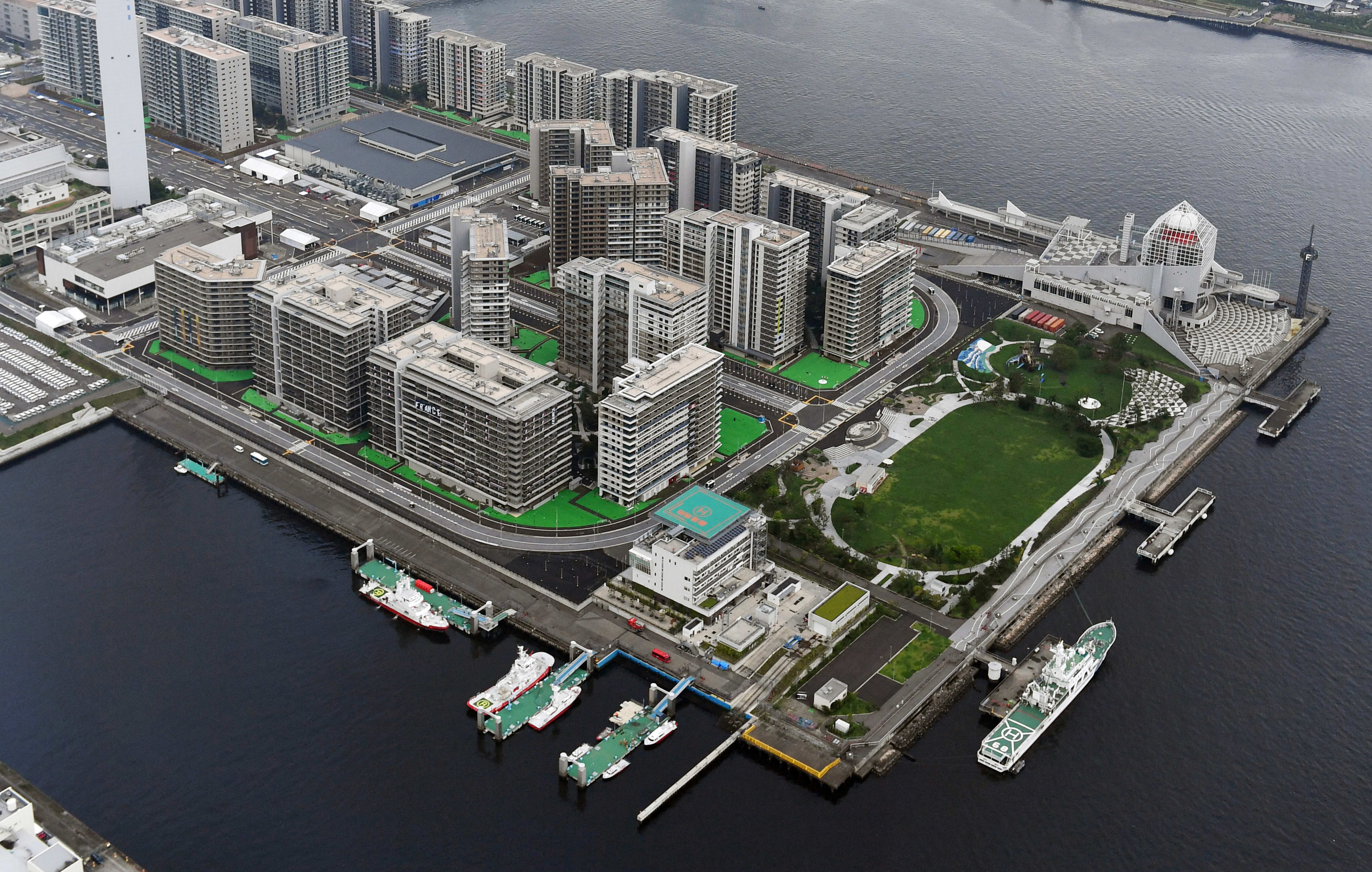 An aerial photo shows Olympic Village for athletes in Chuo Ward, Tokyo on July 13, 2021.