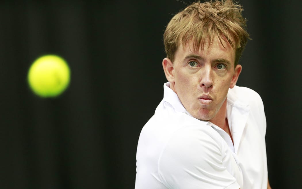 New Zealand tennis player Rubin Statham in action in a Davis Cup tennis tie in Christchurch.
