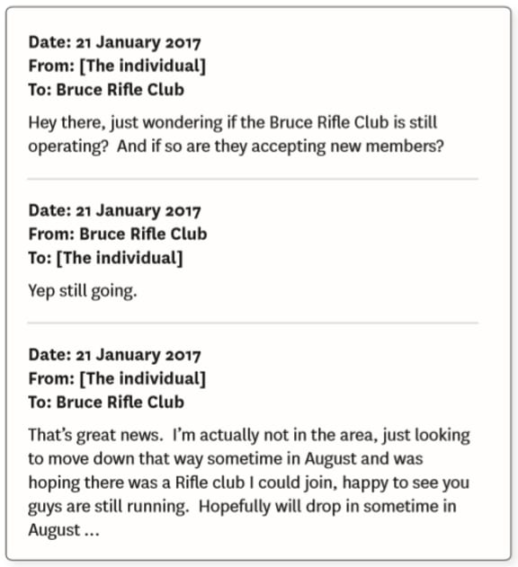 Brenton Tarrant conversation with Bruce Rifle Club located near Dunedin.