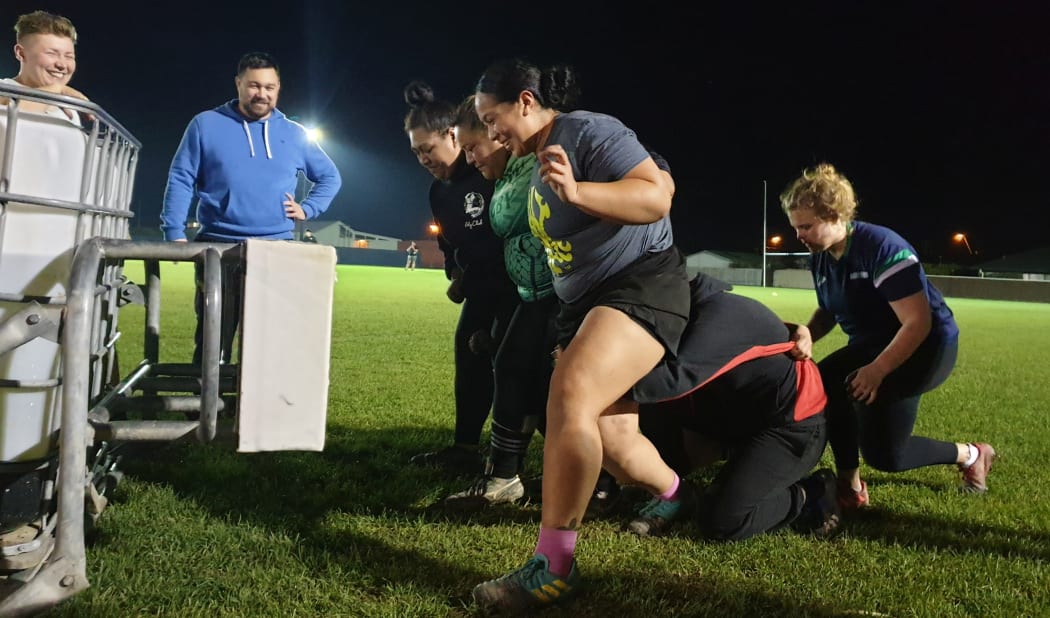The Petone women's team about to pack a scrum.