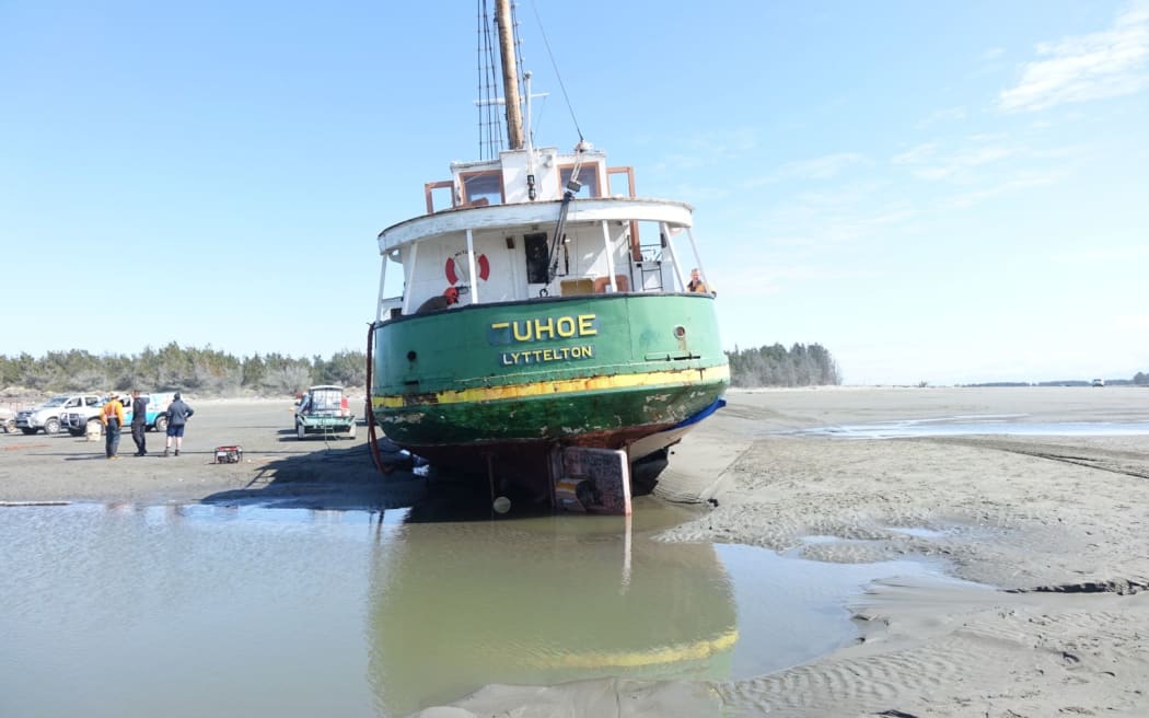 The Tuhoe grounded at the mouth of the Waimakariri River.