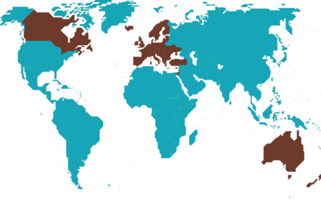 A map showing the countries that make up the Twelve Plus Grouping of countries at the IPU. Highlighted are Canada, Australia, New Zealand,  Europe and the UK.