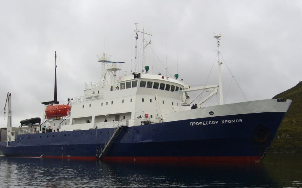 Spirit of Enderby at anchor in Perseverance Harbour, Campbell Island, New Zealand.