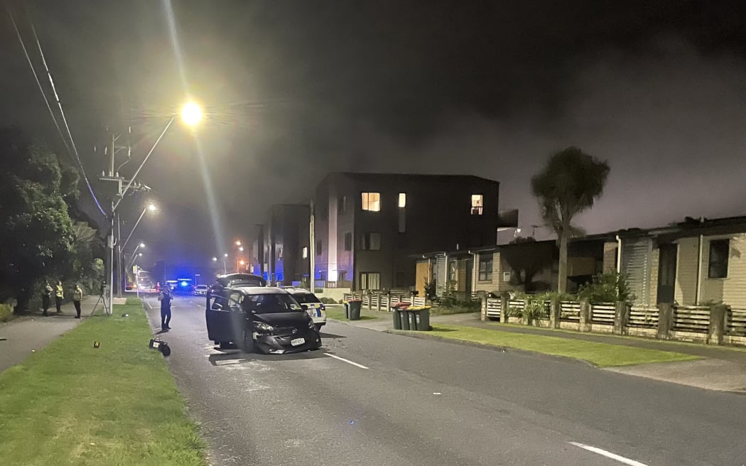 The scene where four vehicles - including three police cars - were rammed.