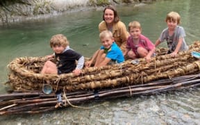 Arrowtown Preschool pupil Isaac Crib, left, with former pupils Oli Jones, Sebastian Dalliessi and Thomas Cribb, with kaiako June Caples