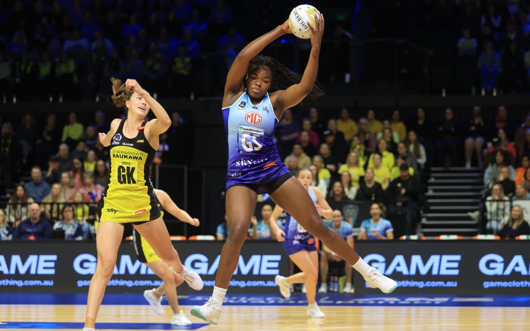 Mystics Grace Nweke (R with Pulse's captain Kelly Jackson during the ANZ Premiership Grand Final - Pulse v Mystics at TSB Arena, Wellington, 4 August 2024. © Copyright image by Marty Melville / www.photosport.nz