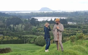 Mihingarangi Forbes and Koro Nicholas in front of Mt. Maunganui