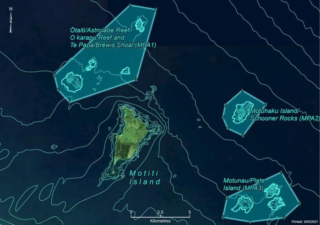 Map of the three areas making up the Motiti Protection Area