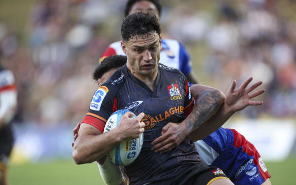 Shaun Stevenson scores during the Moana Pasifika v Chiefs, Super Rugby Pacific match, Navigation Homes Stadium, Pukekohe.