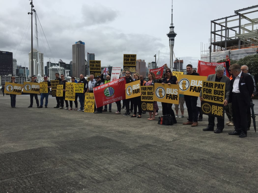 Rail and Train union delegates protest at Auckland Viaduct.