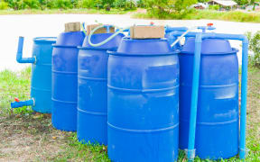 Plastic tanks used for the fermentation of biogas.
