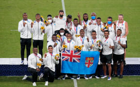 Fiji celebrate their Olympic gold medal.