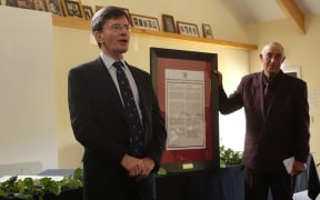 Treaty Negotiations Minister Chris Finlayson and Pita Pangari with Ngati Kahu ki Whangaroa's treaty agreement with the Crown