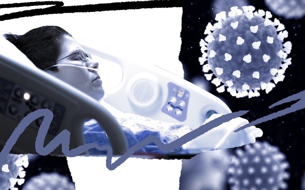 Composite of patient in hospital bed and virus particles