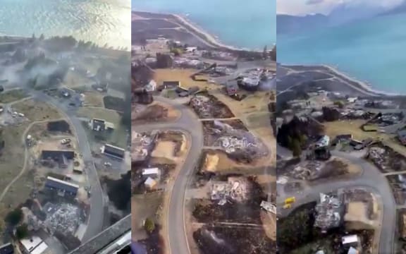 The damage to Lake Ohau Village, as seen in a video shot from the air.
