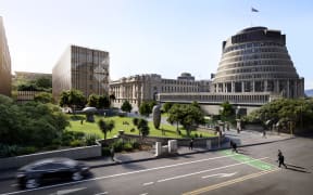 Render of the new Parliament building currently under construction, a six-storey building for MPs on the left.