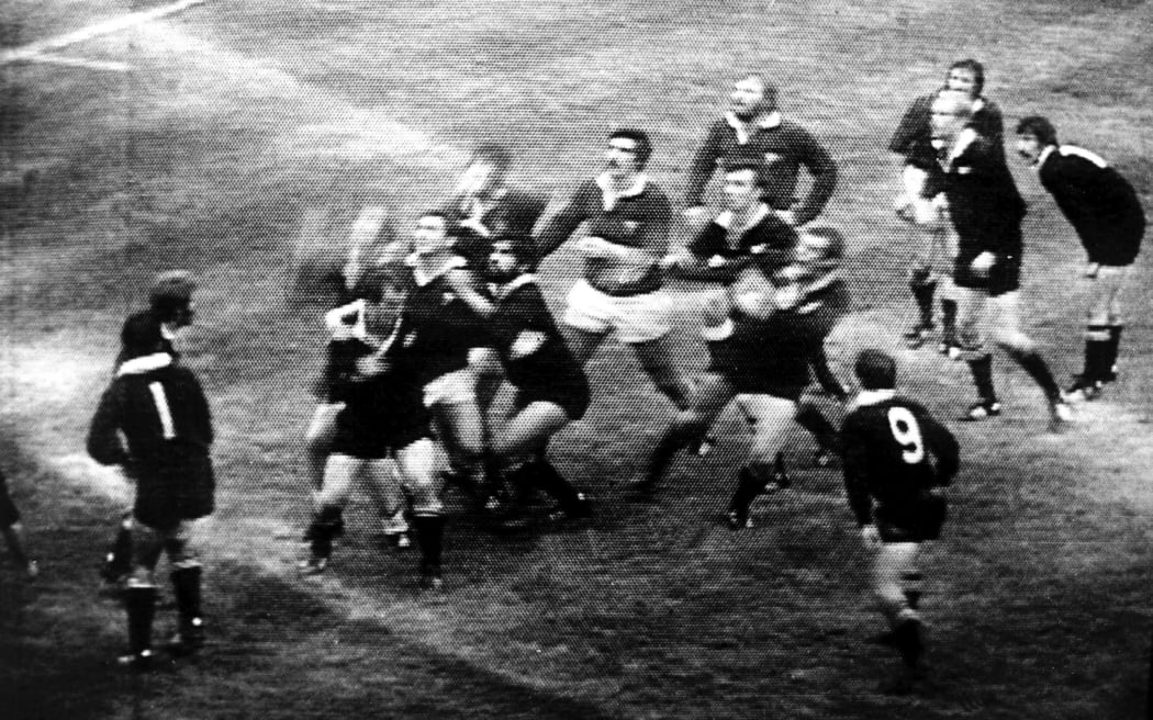 Andy Haden jumps for a lineout ball during the rugby union match between the All Blacks and Wales, 11 November, 1978, in Cardiff.