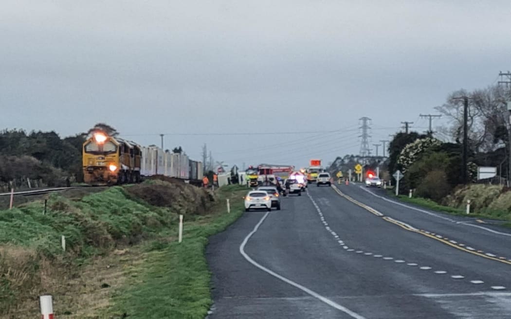 The view from the cordon at SH3 in Midhirst after a truck and train collided.