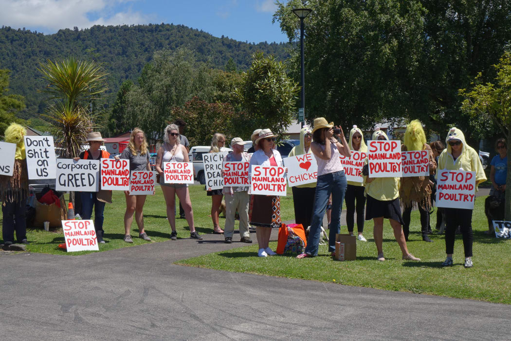 Protesters gathered outside Waikato District Council office in Ngaruawahia over plans for an egg farm.