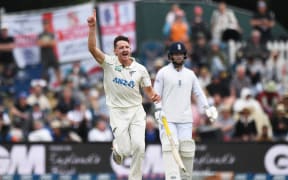 Nathan Smith celebrates the wicket of Jacob Bethell on the second day of the first cricket test between New Zealand and England at Hagley Oval in Christchurch.