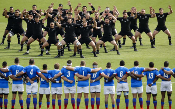 The All Blacks perform the haka before the Japan 2019 Rugby World Cup Pool B match between New Zealand and Namibia.