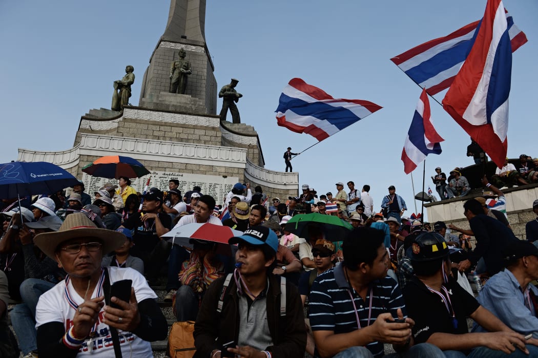Anti-government protesters at the Victory Monument in downtown Bangkok.