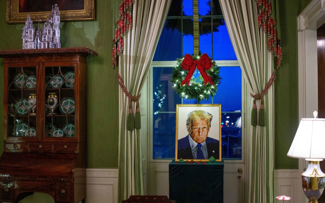 A Lego portrait of President Donald Trump in the Green Room of the White House.