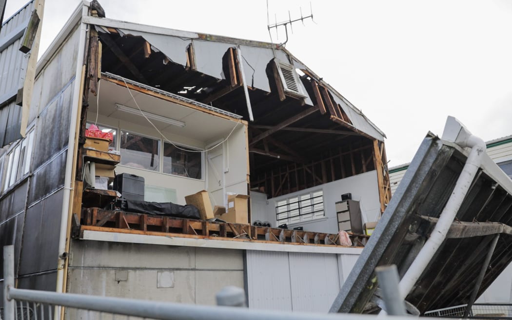 A building in Levin is seen with its wall missing following the storm that ripped through the town on 20 May, 2022.