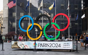 The Olympic rings ahead of the 2024 Olympics in Paris are seen outside the WTC Transportation Hub Oculus building in New York, United States of America, on 4 July, 2024.
