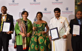 From left: Johanan Dujon, of Saint Lucia; Commonwealth Secretary-General Patricia Scotland; Oluwaseun Ayodeji Osowobi, of Nigeria; Padmanaban Gopalan, of India; and Bobby Siarani, of the Solomon Islands.
