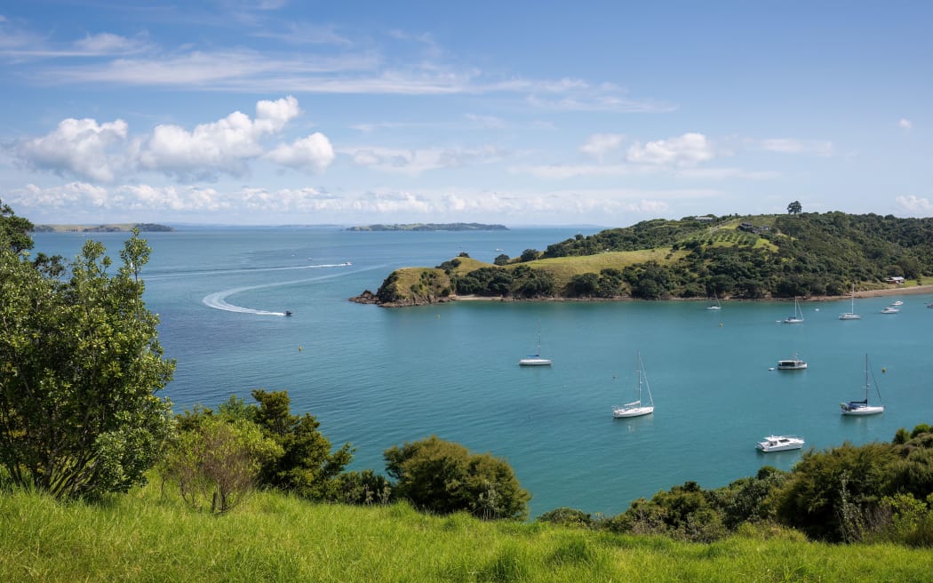 Views out over the Hauraki Gulf from Coastal Track. Waiheke Island. New Zealand.