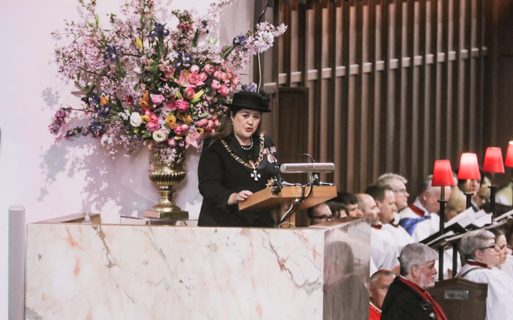 Governor-General Dame Cindy Kiro reading a tribute to the Queen during the Queen Elizabeth II memorial service at the Wellington Cathedral of St Paul.