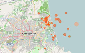 Dozens of aftershocks occurred in the hours following the 5.7 quake - seen in orange. Aftershocks in red.