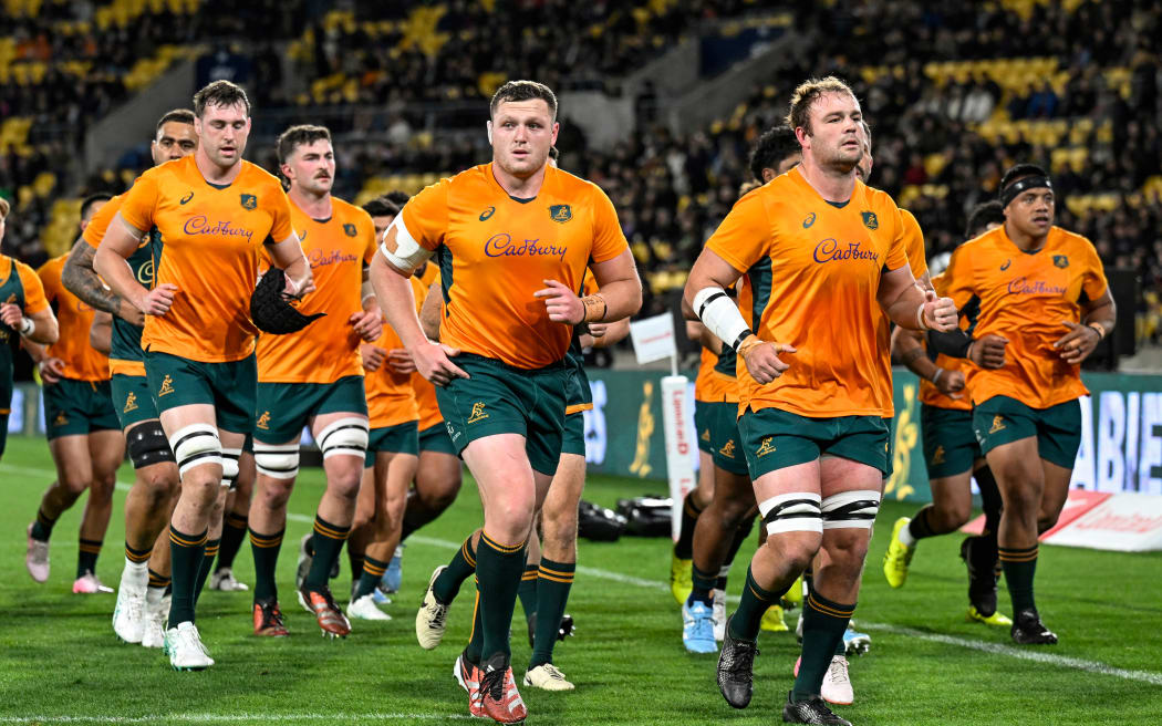 The Wallabies warm up for a test against the All Blacks in Wellington.