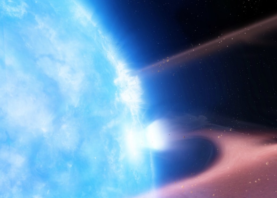 Artist's impression of a white dwarf, G29-38, accreting planetary material from a circumstellar debris disk. When the planetary material hits the white dwarf surface, a plasma is formed and cools via detectable X-ray emission.