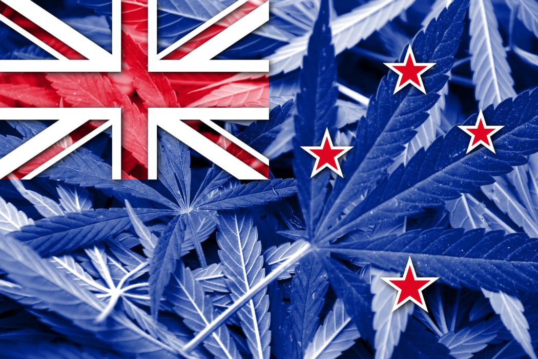 New Zealand Flag on cannabis background. Drug policy. Legalization of marijuana