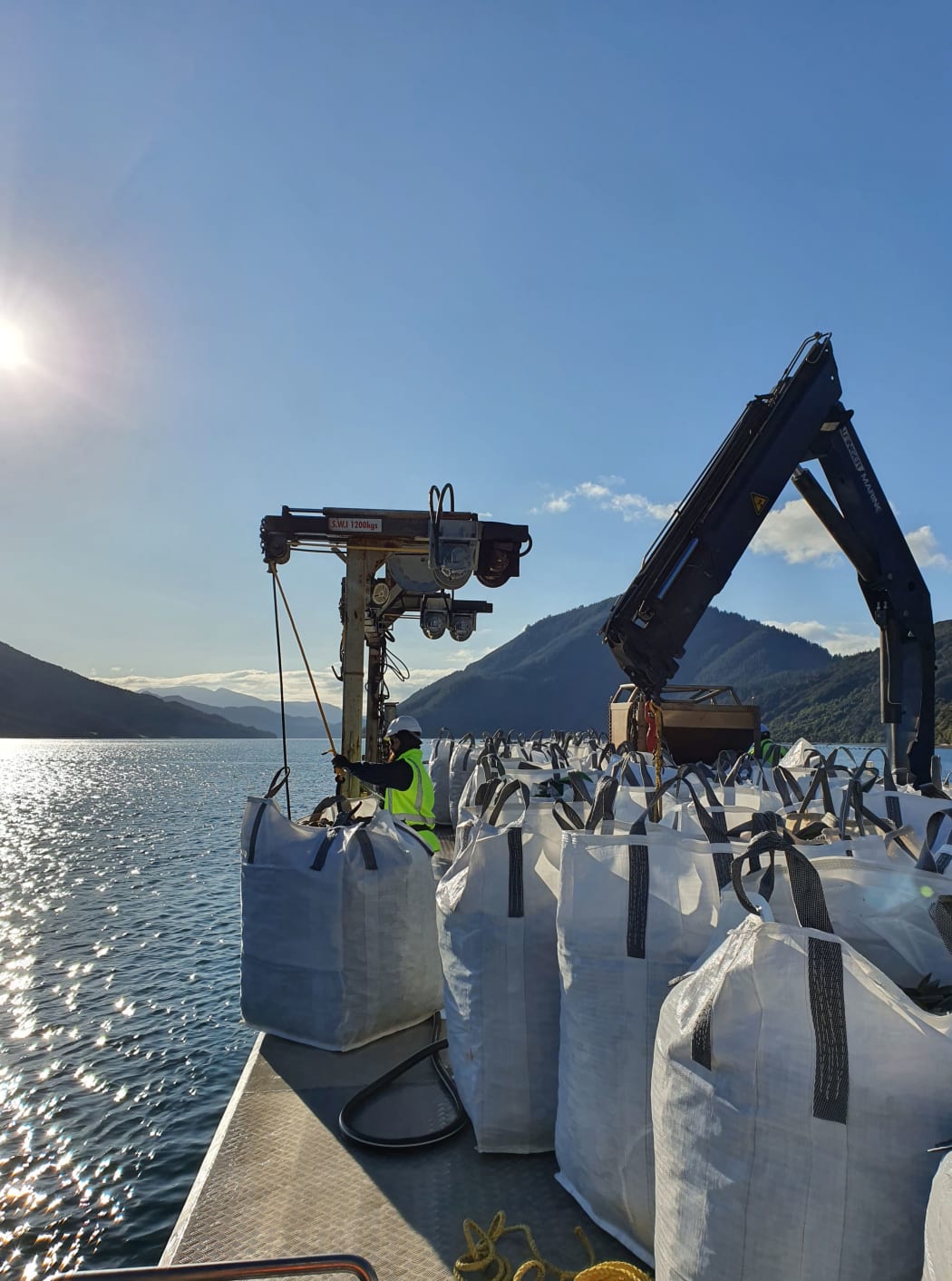 Sanford vessel Lady Marie deposits the first bag of mussel shells.