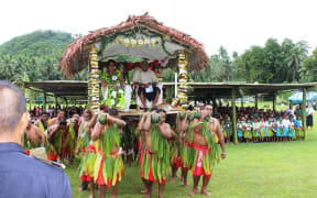 Fiji's Prime Minister Frank Bainimarama and his wife Mary are welcomed to Rotuma in a traditional ceremony during Rotuma Day celebrations.