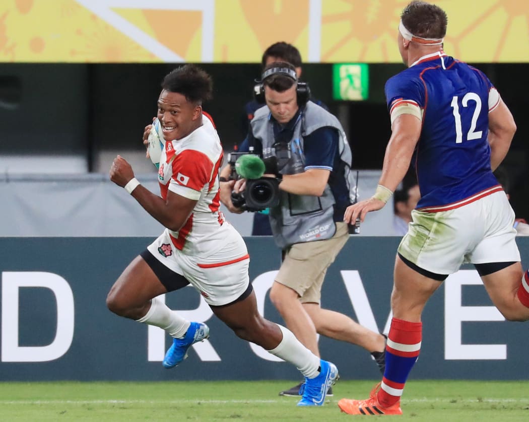Kotaro Matsushima of Japan tries in the first half during the Pool A match of 2019 Rugby World Cup against Russia.