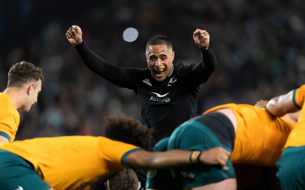 All Blacks halfback Aaron Smith celebrates a scrum win during the Bledisloe Cup/Rugby Championship.