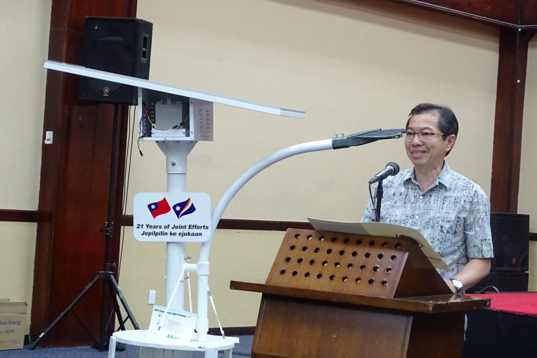 Taiwan Ambassador Jeffrey Hsiao during the handover of 100 solar streetlights, batteries and a grant