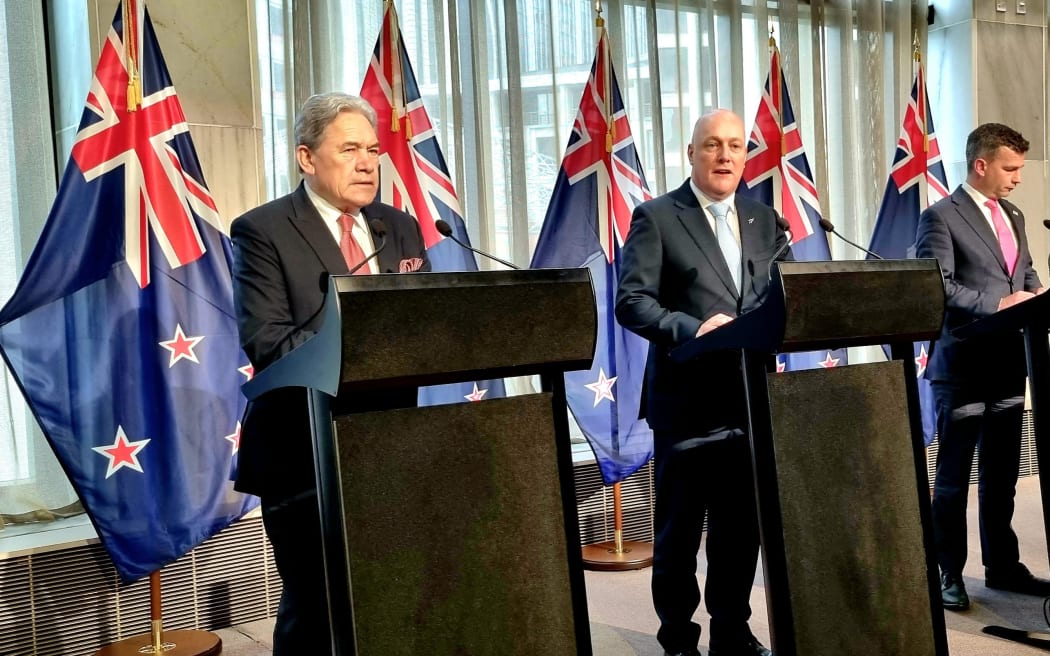 Deputy Prime Minister Winston Peters, Prime Minister Christopher Luxon and ACT leader David Seymour on 24 November, 2023.