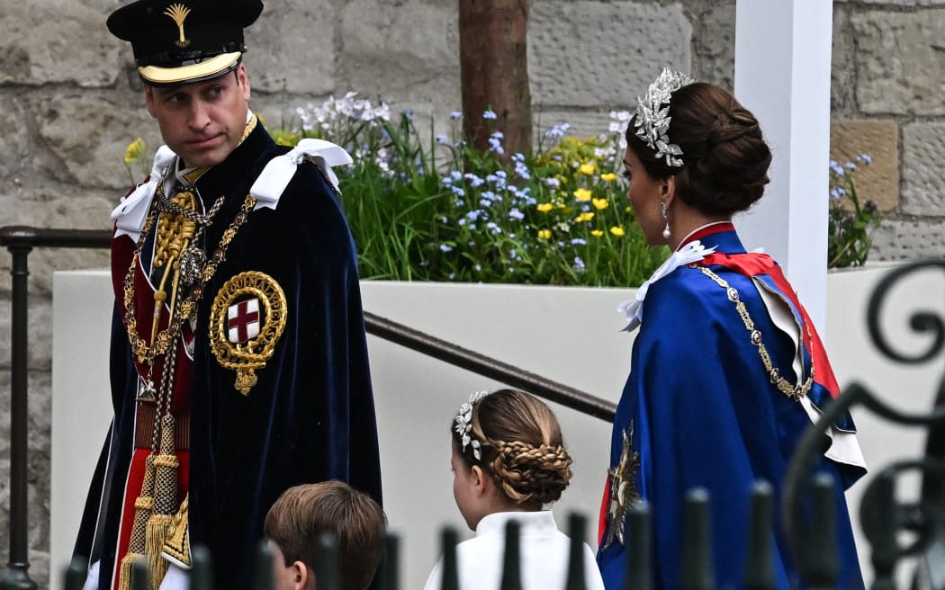 Britain's Prince William, Prince of Wales and Britain's Catherine, Princess of Wales arrive at Westminster Abbey in central London on May 6, 2023, ahead of the coronations of Britain's King Charles III and Britain's Camilla, Queen Consort. - The set-piece coronation is the first in Britain in 70 years, and only the second in history to be televised. Charles will be the 40th reigning monarch to be crowned at the central London church since King William I in 1066. Outside the UK, he is also king of 14 other Commonwealth countries, including Australia, Canada and New Zealand. Camilla, his second wife, will be crowned queen alongside him, and be known as Queen Camilla after the ceremony. (Photo by Paul ELLIS / AFP)