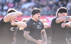 Marcel Renata leads the haka prior to New Zealand All Blacks XV v Georgia, France, 2024.