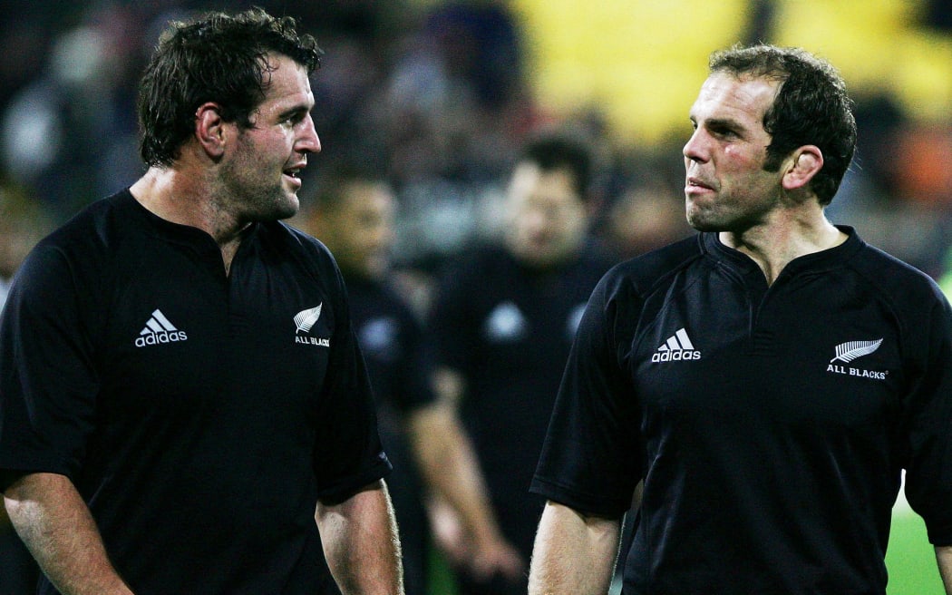 All Black prop Carl Hayman (L) and hooker Anton Oliver after the Tri Nations rugby union test match between the All Blacks and South Africa. Wellington. 22 July 2006.