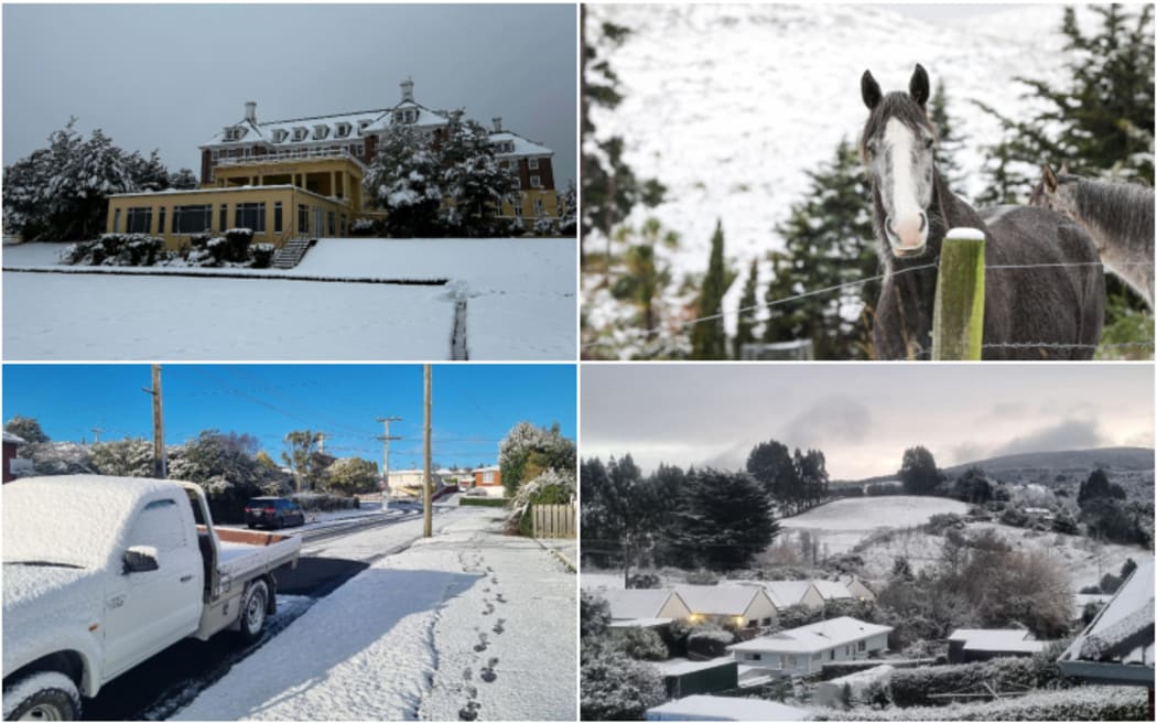 Photo collage of snow fall across the North and South Islands on 10 August 2023.