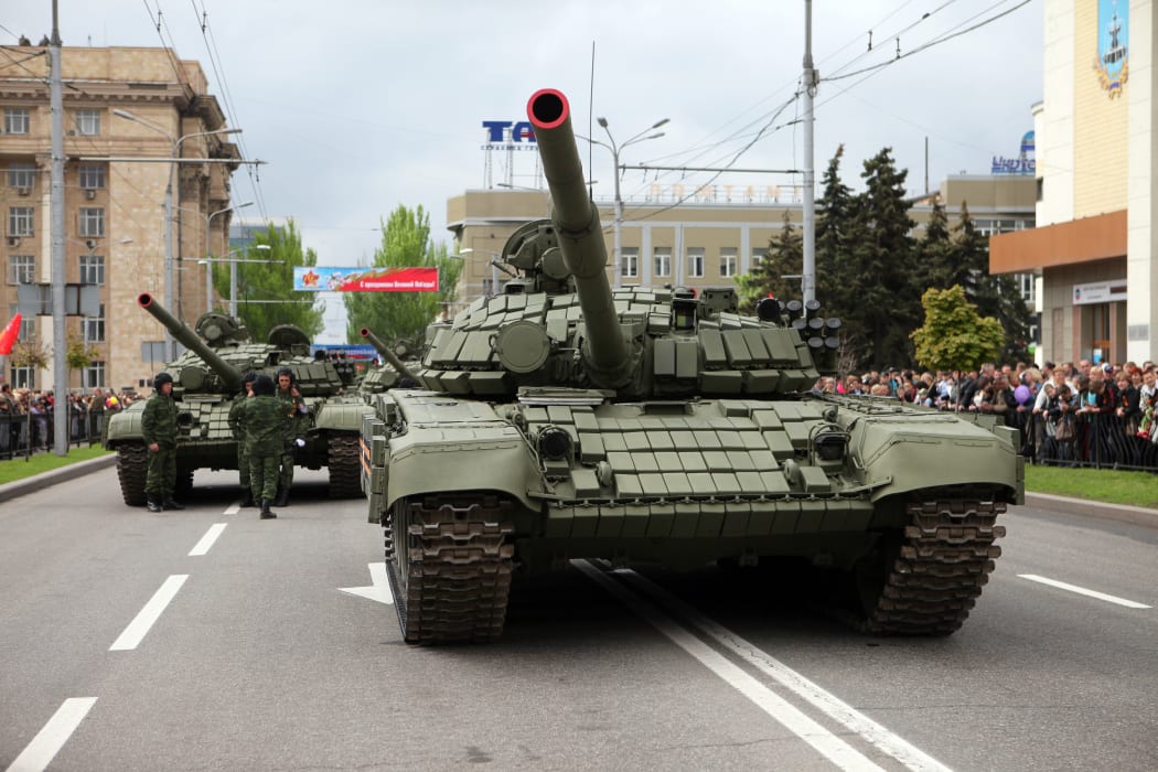 Tanks of pro-Russian separatists in the self-proclaimed Donetsk People's Republic take part in a parallel Victory Day parade in Donetsk , Ukraine, on 9 May 2015.