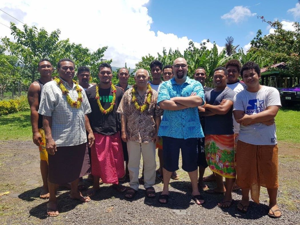 Anthony Rarere (in blue) recruiting in Letogo, Samoa.