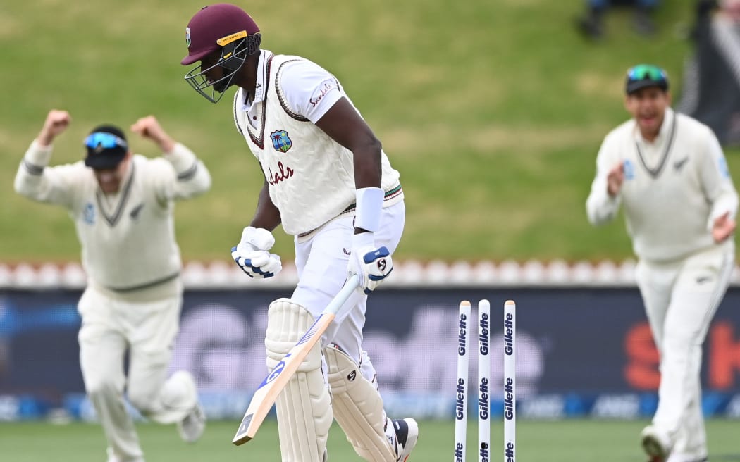 West Indies captain Jason Holder is bowled by Tim Southee. 
New Zealand Black Caps v West Indies, Day 4 of the 2nd international cricket test at the Basin Reserve, Wellington on Sunday 13 December 2020. West Indies tour of New Zealand. © Copyright photo: Andrew Cornaga / www.photosport.nz