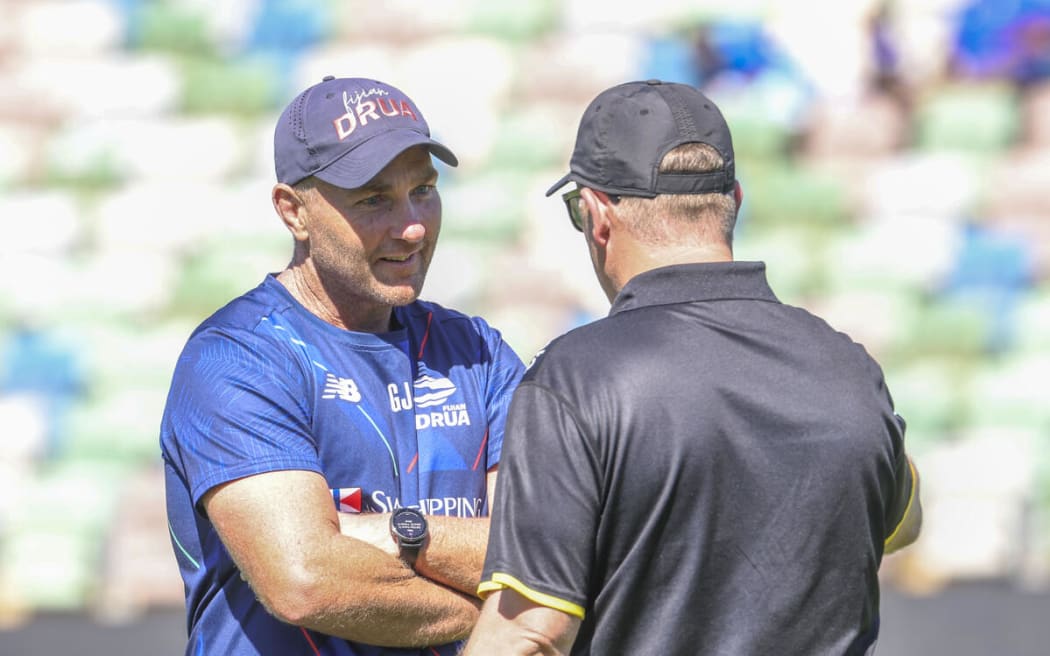 Drua coach Glen Jackson, left and Hurricanes coach Craig Laidlaw right during the Super Rugby Pacific match at McLean Park, Napier.